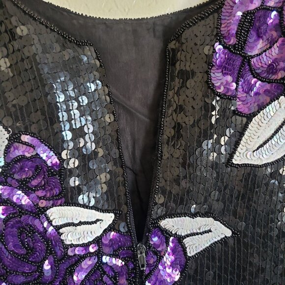 Vintage 100% Silk Full Sequin Beaded Floral Dress Sz M Black/Purple Event Formal - Picture 7 of 12